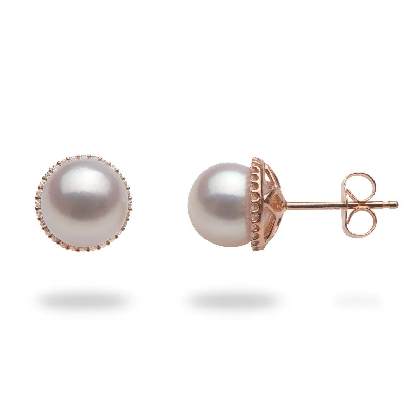 Beaded Drop Earrings for Party -Akoya Pearl Earrings in Rose Gold with Diamonds - 8mm