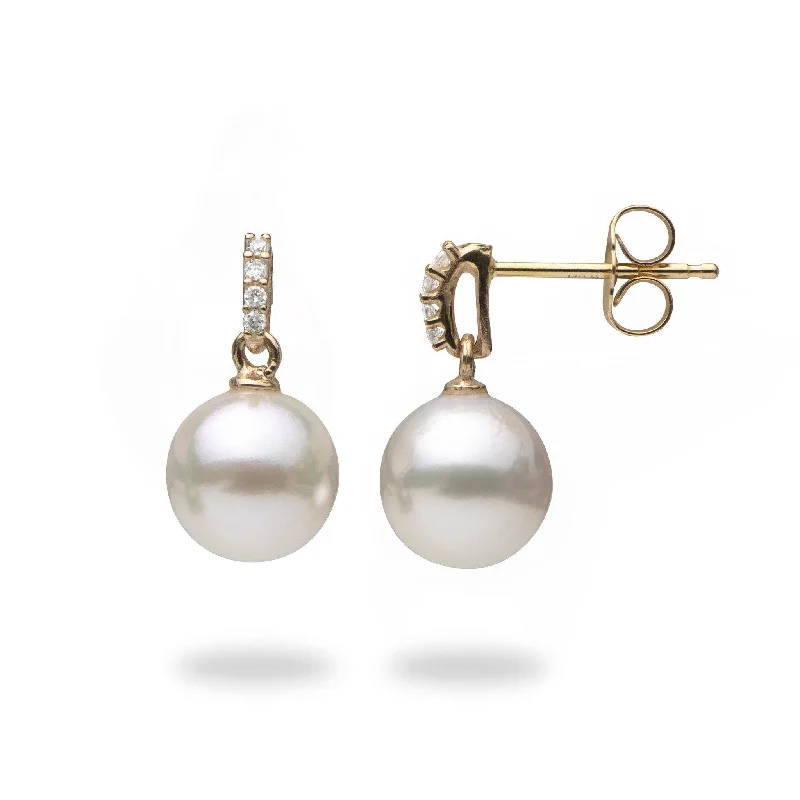 Small Drop Earrings for Delicate -Akoya Pearl Earrings with Diamonds in Gold - 8mm