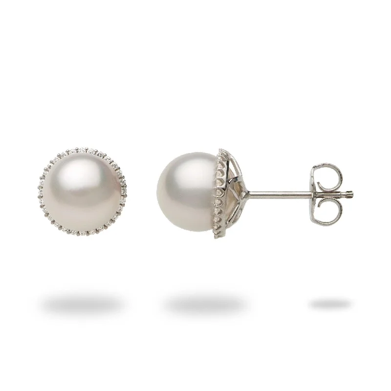 Indian Drop Earrings with Intricacy -Halo Akoya White Pearl Earrings in White Gold with Diamonds - 8-8.5mm