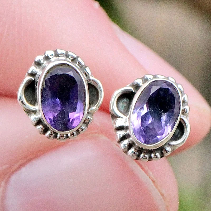 Ethnic Stud Earrings with Tribal Design -Amethyst Oval Stud Earrings - Faceted - Sterling Silver