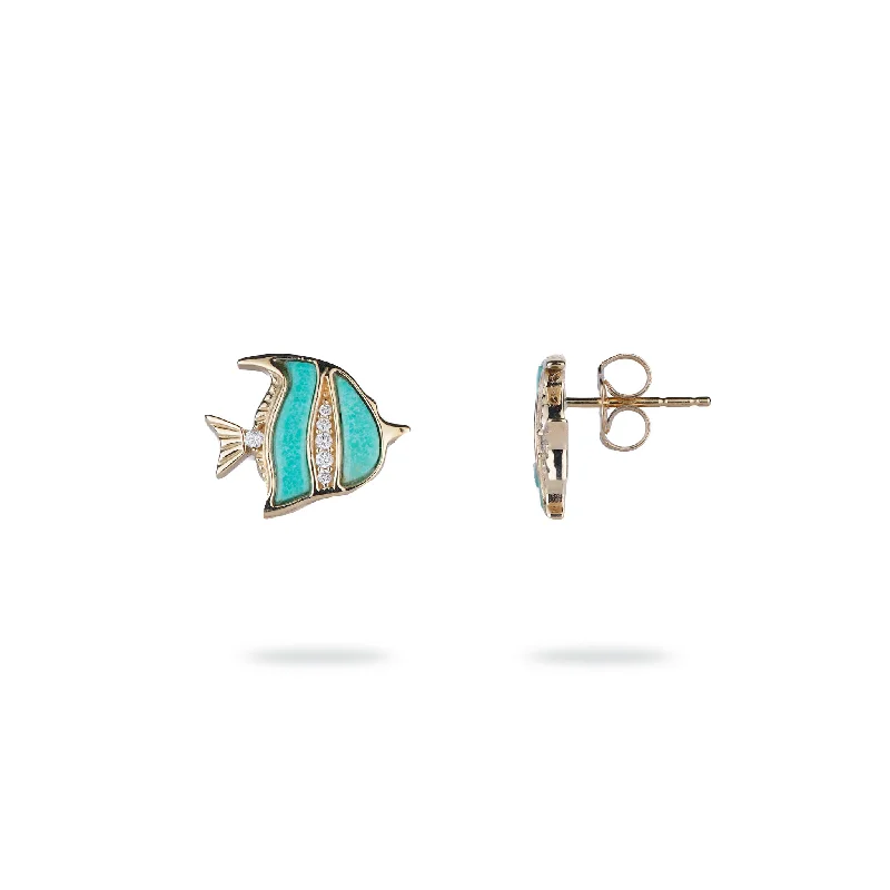 Drop Earrings with Hammered Finish -Sealife Angelfish Turquoise Earrings in Gold with Diamonds - 12mm