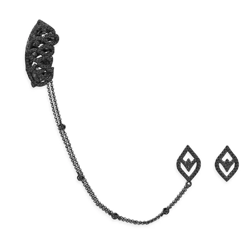 Drop Earrings for Fitness Activities -Arabesque Ear Cuff Chain With Studs - Dark Grey Silver