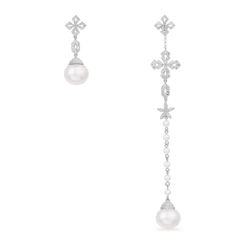 Square Drop Earrings for Modern -Asymmetric Cross Earrings with Pearls - White Silver