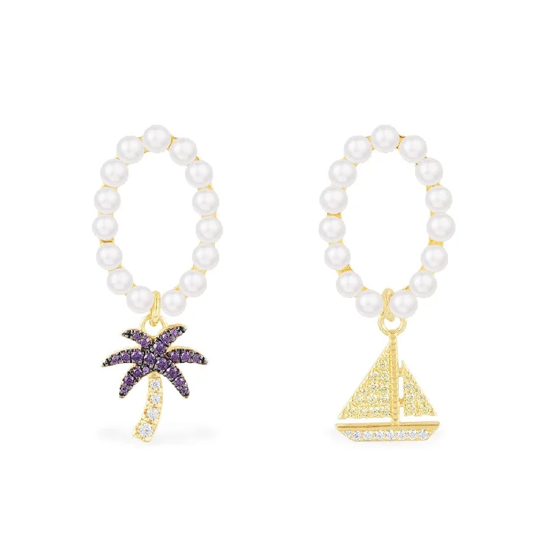 Drop Earrings for Graduation Day -Asymmetric Pearls Earrings with Palm Tree & Sailboat