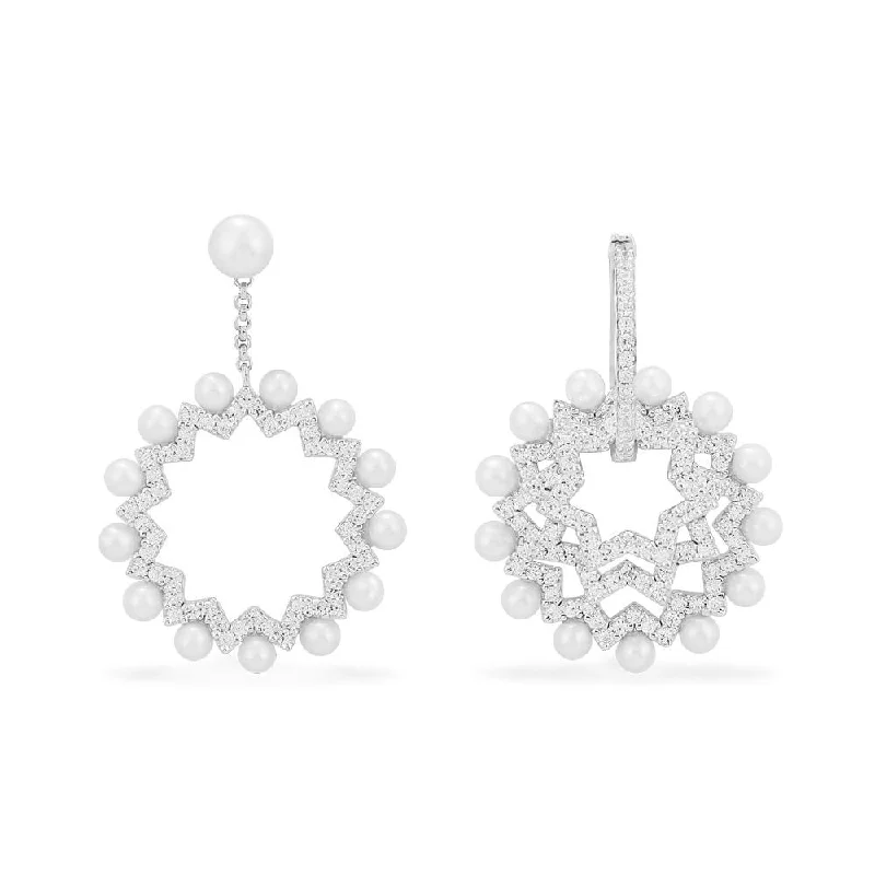 Crystal Drop Earrings for Sparkle -Asymmetric Sun Earrings with Pearls - White Silver