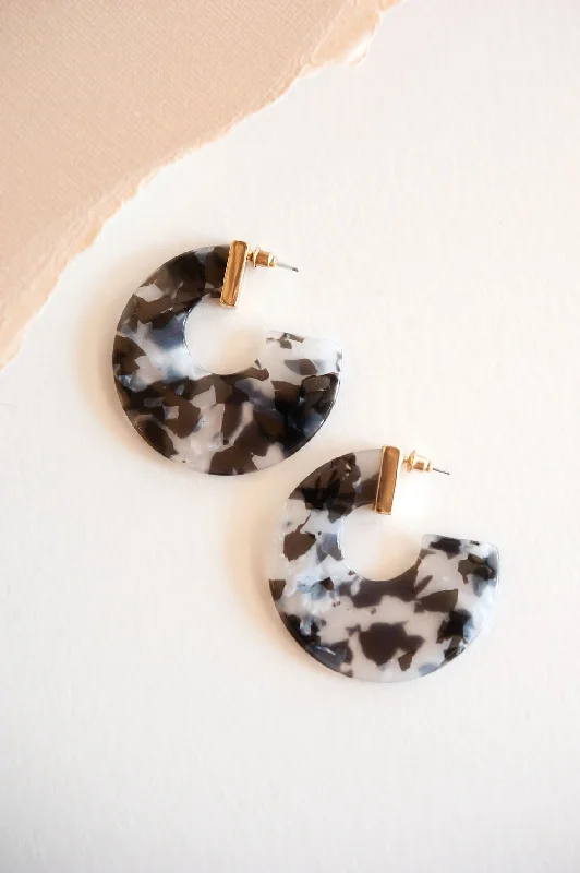 Vintage Drop Earrings with Patina -Autumn Marble Lucite Hoops | Black and White with Gold Accent Earring