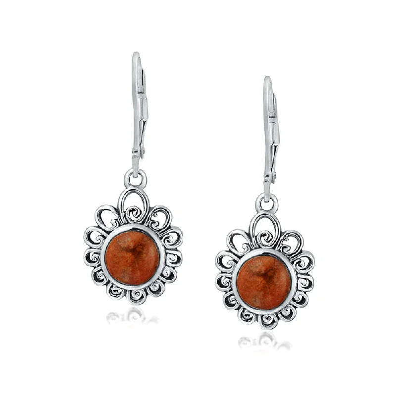 Gold Drop Earrings for Women -Bali Style Dangle Earrings with Orange Red Coral and Sterling Silver Leverback