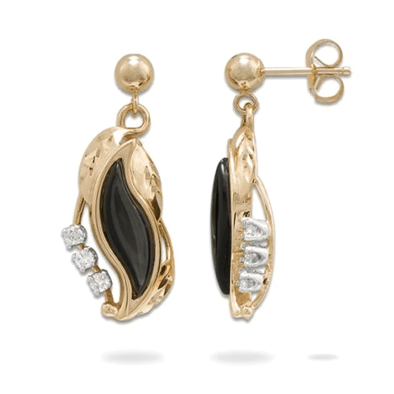 Gothic Drop Earrings with Dark Tone -Paradise Black Coral Earrings in Gold with Diamonds