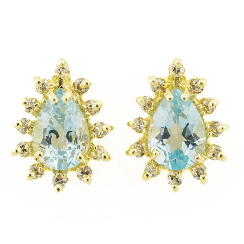 Leverback Stud Earrings for Comfort -Blue Topaz and Diamond Drop Stud Earrings in 14K Yellow Gold