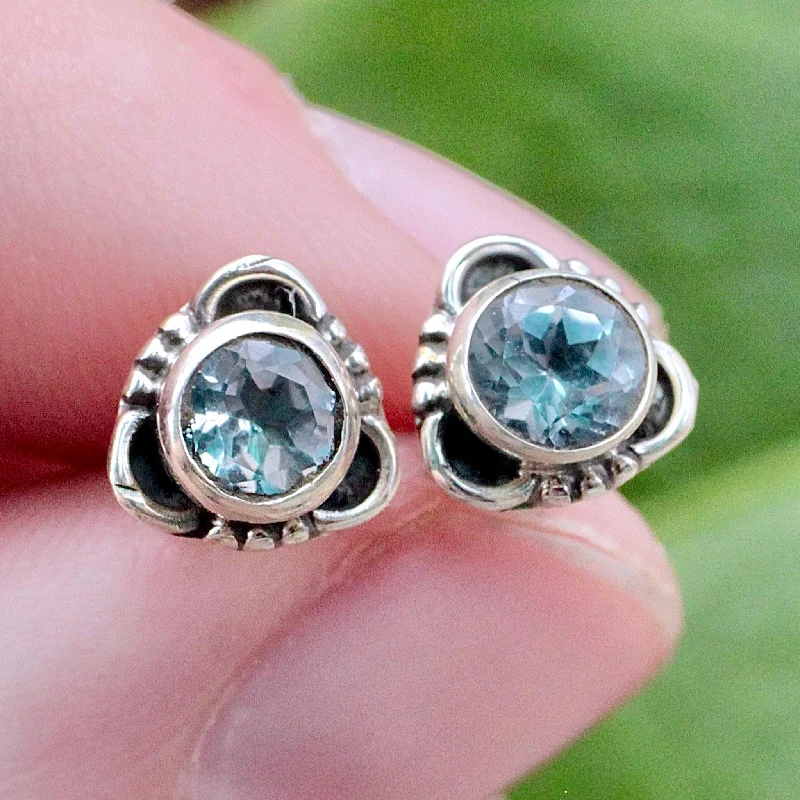 Geometric Stud Earrings for Trend -Blue Topaz Round Stud Earrings - Faceted - Sterling Silver