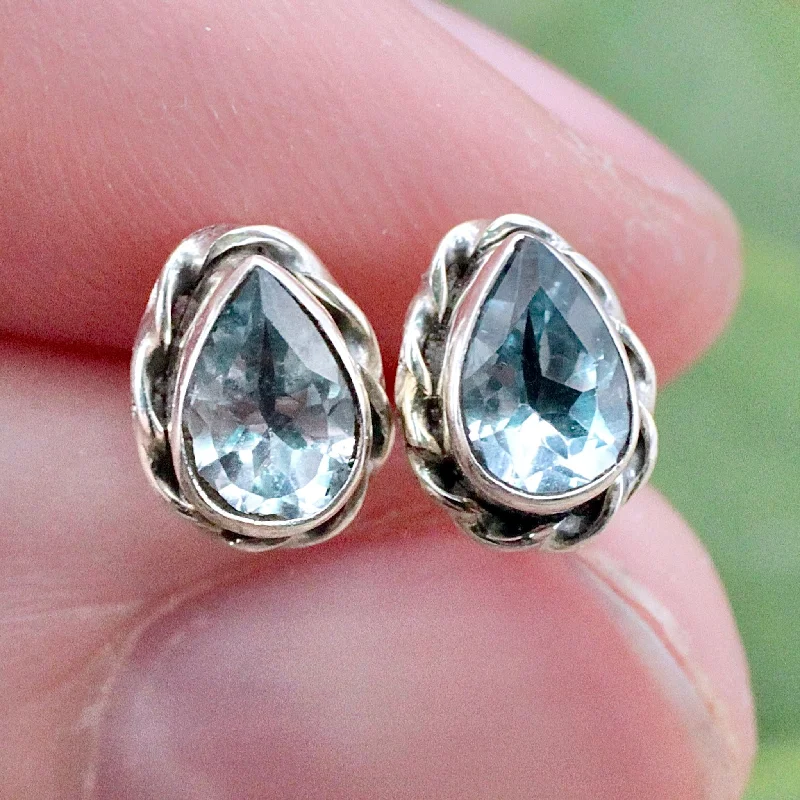 Oval Stud Earrings for Grace -Blue Topaz Teardrop Stud Earrings - Faceted - Sterling Silver