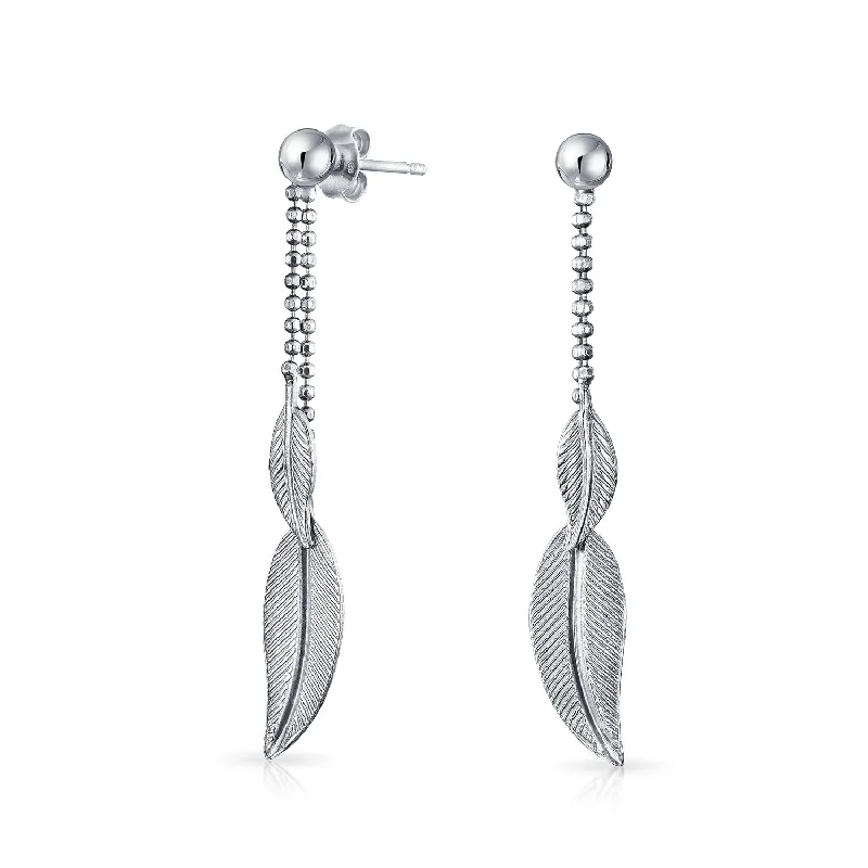 Screw Back Drop Earrings for Security -Boho Native American Style Dangle Earrings with Feather Leaf Design in Sterling Silver