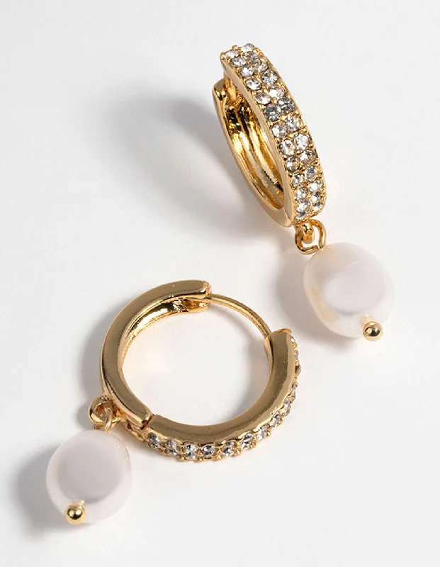 Drop Earrings for Formal Attire -Gold Plated Huggie Hoop Earrings with Freshwater Pearls