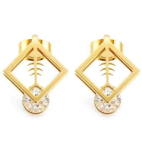 Stud Earrings with Symbolic Elements -1pc Square Fish Bone Zircon Crystal Stud Earrings Gold Silver Plated