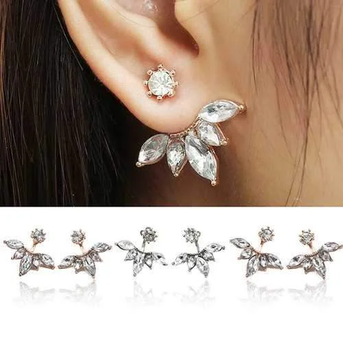 Stud Earrings with Crown Designs -Elegant Silver Gold Plated Zircon Leaf Ear Stud Earrings For Women