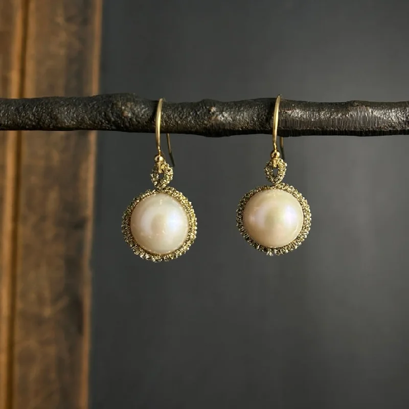 Drop Earrings for Everyday Glamour -White Pearl Drops with Gold Cord Orbits