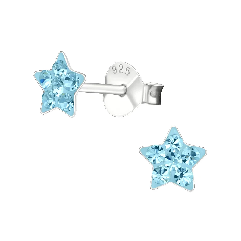 Stud Earrings with Leaf Motifs -Children's Sterling Silver 'Aqua Blue Crystal Star' Stud Earrings