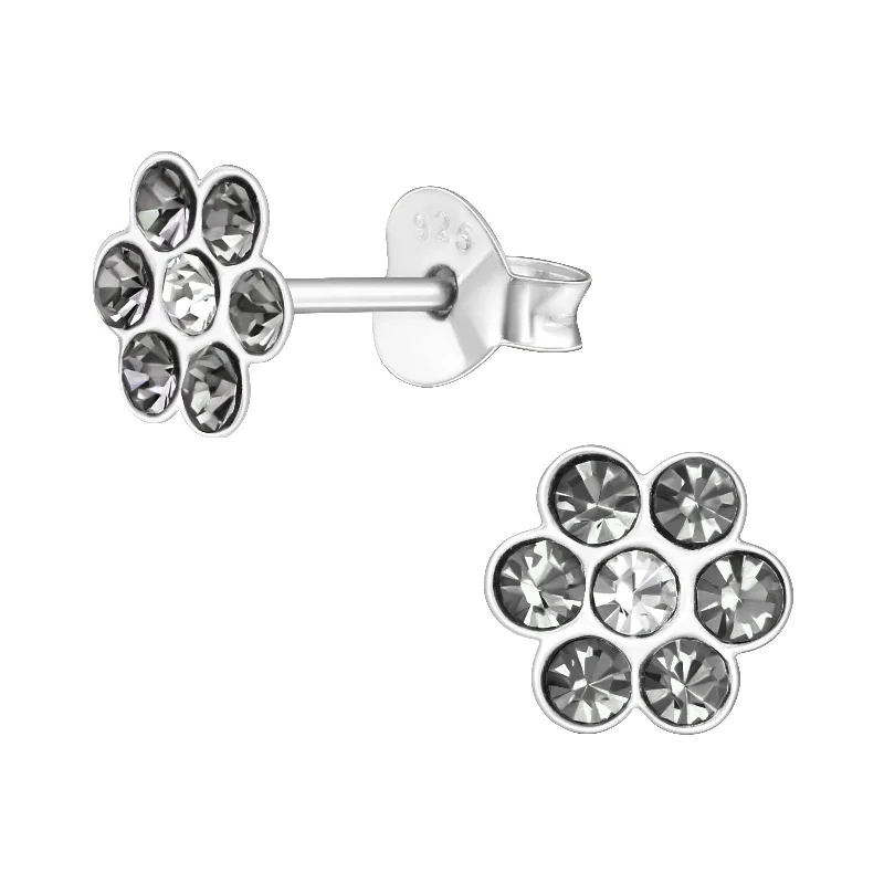 Screw Back Stud Earrings for Security -Children's Sterling Silver 'Black Diamond' Diamante Flower Stud Earrings