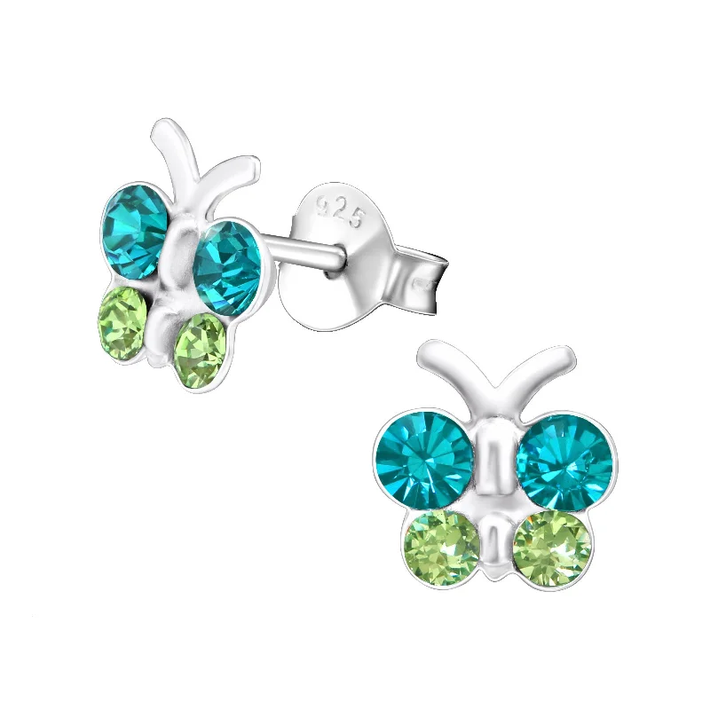 Tarnish Resistant Stud Earrings for Longevity -Children's Sterling Silver Blue and Green Diamante Butterfly Stud Earrings