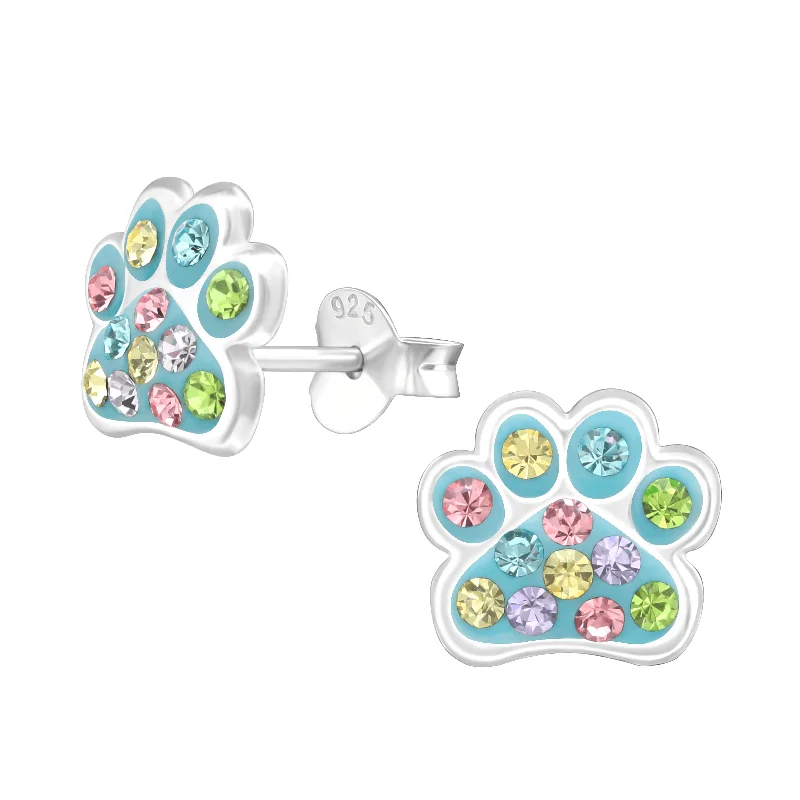 Lightweight Stud Earrings for All Day -Children's Sterling Silver 'Blue and Multicolored Sparkle Paw' Crystal Stud Earrings