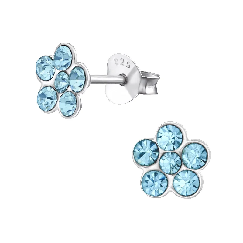 Round Stud Earrings for Classic -Children's Sterling Silver Blue Diamante Flower Stud Earrings