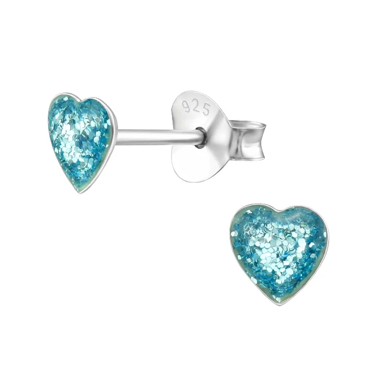 Indian Stud Earrings with Intricacy -Children's Sterling Silver Blue Glitter Heart Stud Earrings