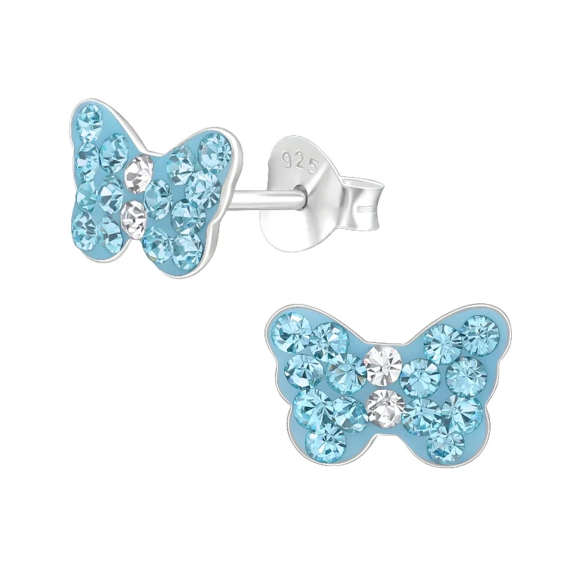 Stud Earrings with Vine Designs -Children's Sterling Silver 'Blue Sparkle Butterfly' Crystal Stud Earrings