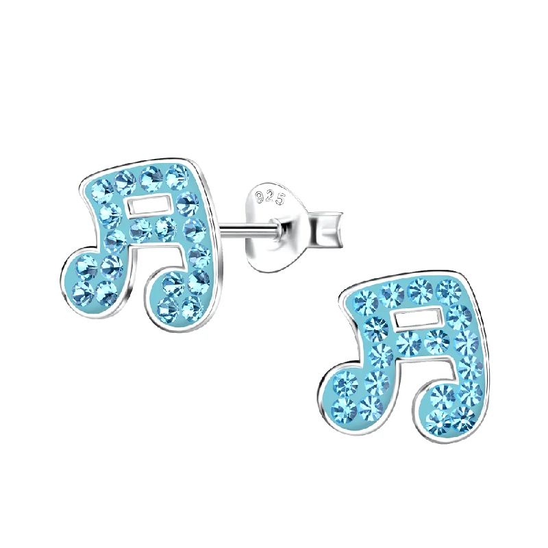 Stud Earrings for Christmas Party -Children's Sterling Silver 'Blue Sparkle Music Notes' Crystal Stud Earrings