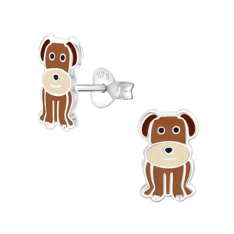 Animal Print Stud Earrings for Fun -Children's Sterling Silver 'Brown Dog' Stud Earrings