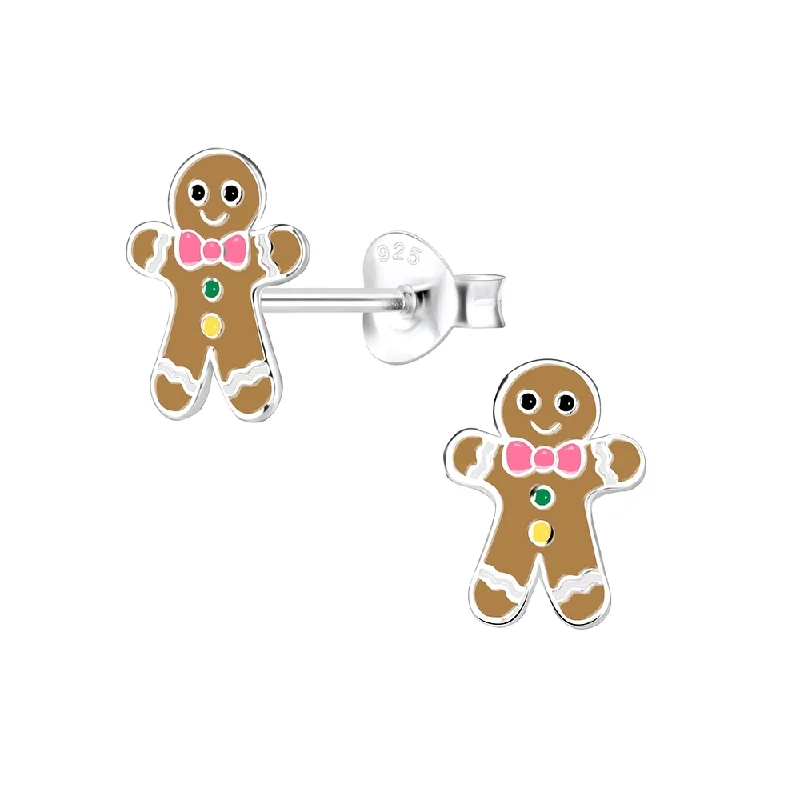 Stud Earrings with Textured Surface -Children's Sterling Silver Christmas Gingerbread Man Stud Earrings- Light Brown