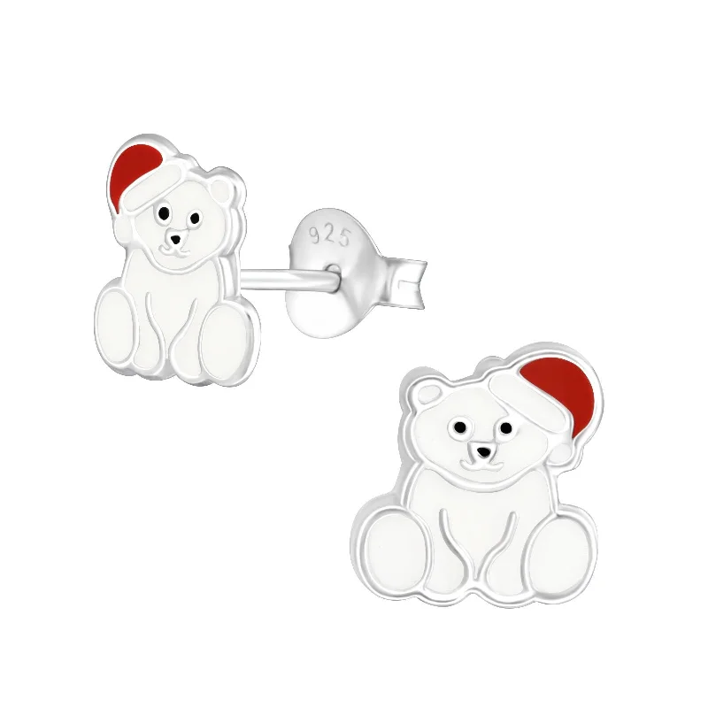 Silver Stud Earrings for Men -Children's Sterling Silver Christmas Polar Bear Stud Earrings