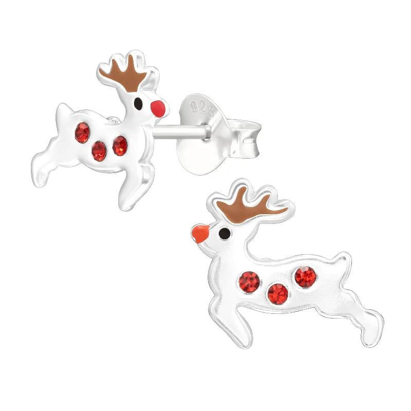 Stud Earrings with Crystals -Children's Sterling Silver Christmas Red Nosed Reindeer Stud Earrings