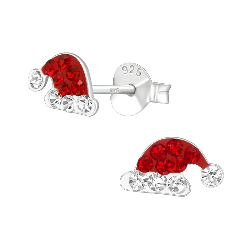 Stud Earrings with Crown Designs -Children's Sterling Silver Christmas Santa Hat Diamante Stud Earrings