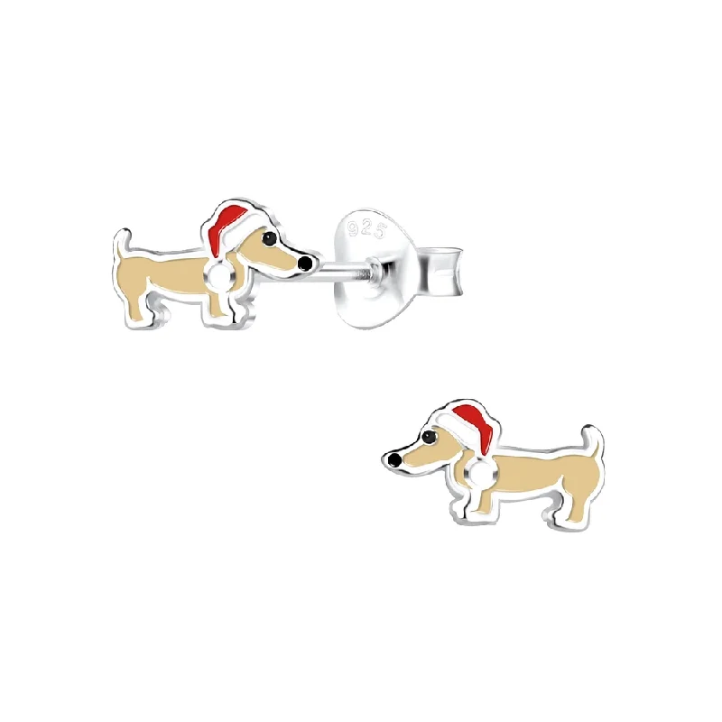 Square Stud Earrings for Modern -Children's Sterling Silver Christmas Sausage Dog / Dachshund Stud Earrings