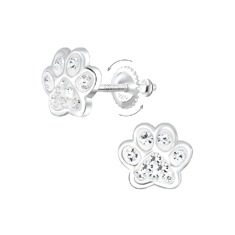 Stud Earrings for Mother's Day -Children's Sterling Silver 'Clear Crystal Paw' Screw Back Stud Earrings