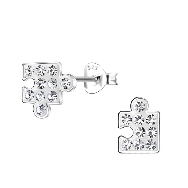 Nickel Free Stud Earrings for Safety -Children's Sterling Silver 'Sparkle Jigsaw Puzzle Piece' Crystal Stud Earrings