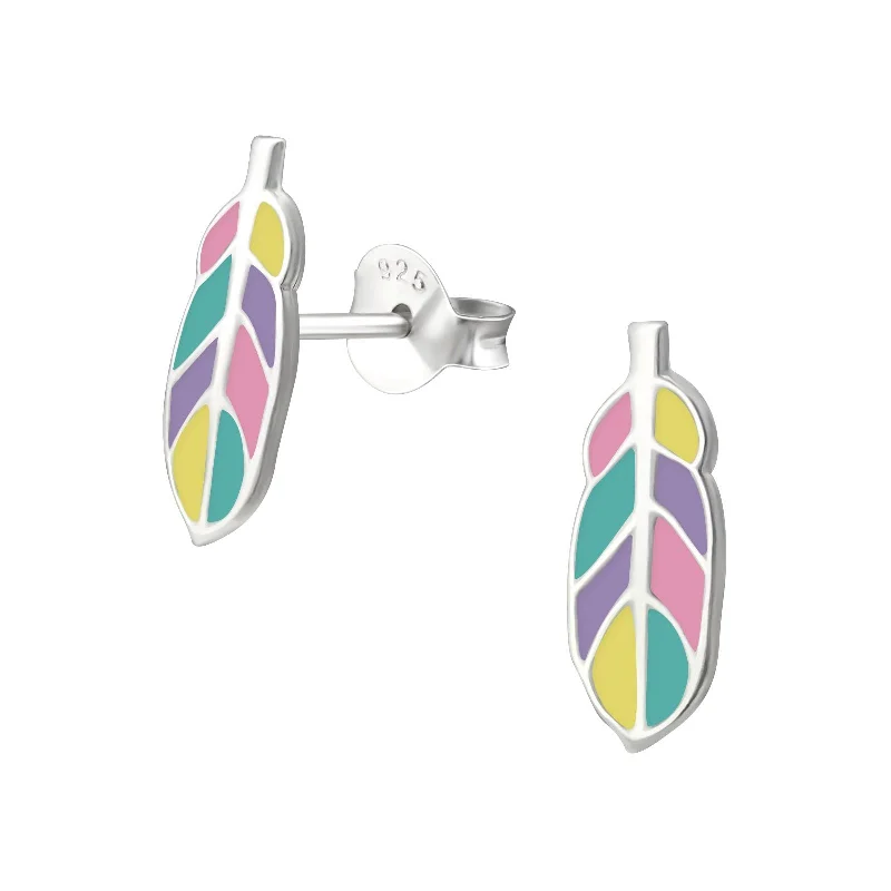 Celtic Stud Earrings with Knotwork -Children's Sterling Silver 'Colourful Feather' Stud Earrings