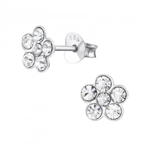 Stud Earrings with Abstract Designs -Children's Sterling Silver Clear Diamante Flower Stud Earrings