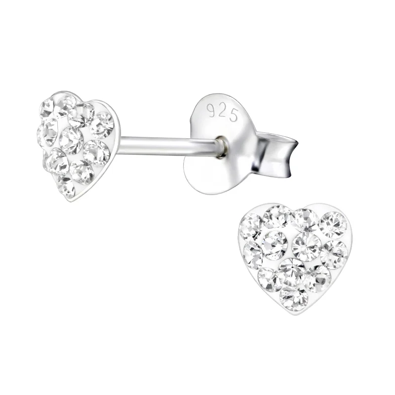 Stud Earrings with Chevron Designs -Children's Sterling Silver 'Crystal Heart' Stud Earrings