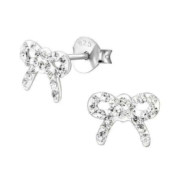 Stud Earrings with Pearls and Diamonds -Children's Sterling Silver Crystal Ribbon Stud Earrings