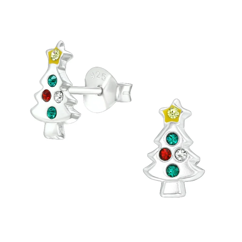 Stud Earrings with Keyhole Designs -Children's Sterling Silver Diamante Christmas Tree Stud Earrings