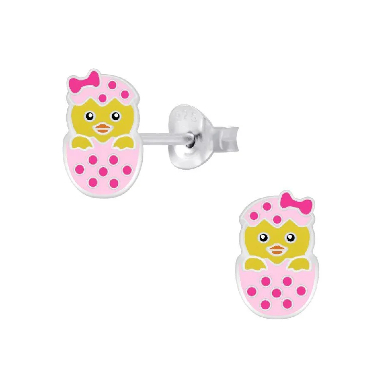 Floral Stud Earrings with Petals -Children's Sterling Silver 'Hatching Easter Chick' Stud Earrings