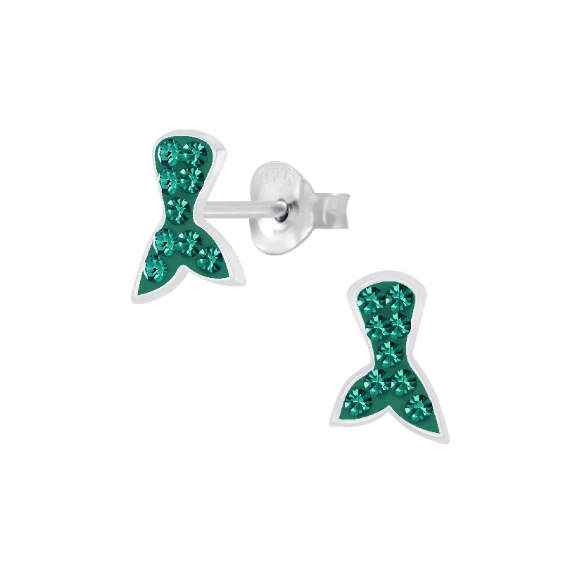 Stud Earrings with Enamel -Children's Sterling Silver 'Emerald Green Sparkle Mermaid Tail' Stud Earrings