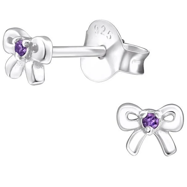 Stud Earrings for Everyday Glamour -Children's Sterling Silver 'February Birthstone' Bow Stud Earrings