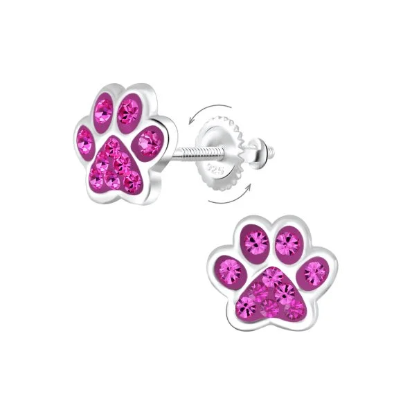 Waterproof Stud Earrings for Outdoor -Children's Sterling Silver 'Fuchsia Pink Crystal Paw' Screw Back Stud Earrings