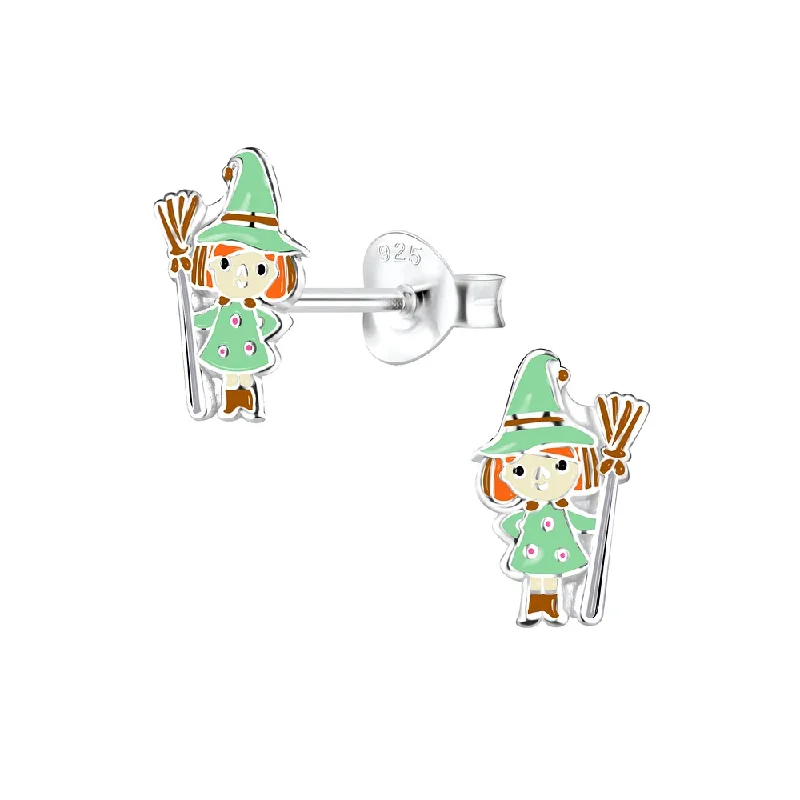 Animal Print Stud Earrings for Fun -Children's Sterling Silver Halloween Green Witch Stud Earrings