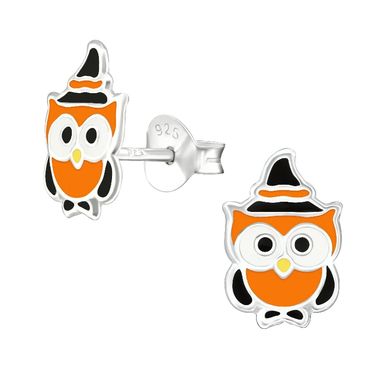 Geometric Stud Earrings for Trend -Children's Sterling Silver Halloween Owl Stud Earrings