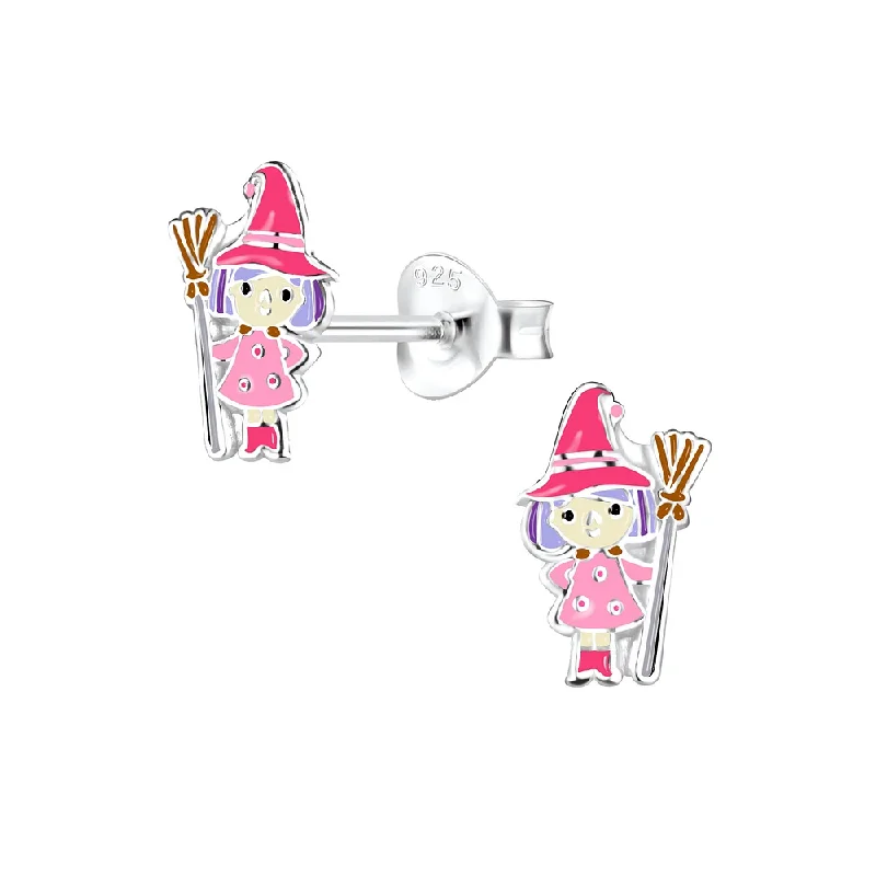 Bohemian Stud Earrings with Tassels -Children's Sterling Silver Halloween Pink Witch Stud Earrings