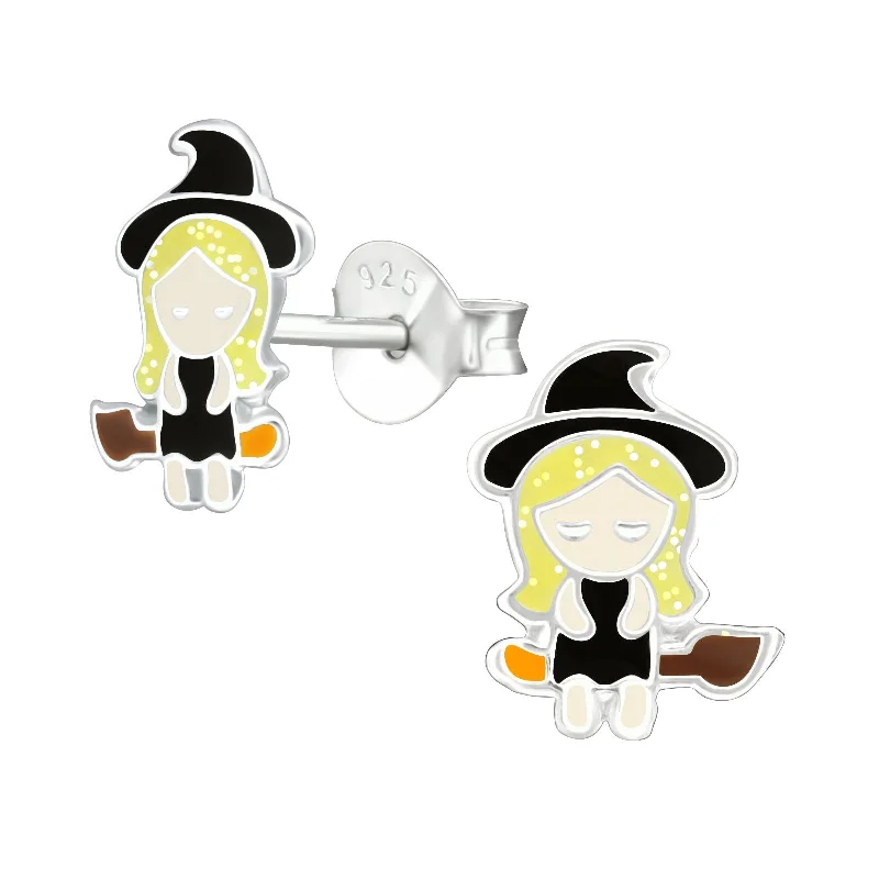 Stud Earrings with Symbolic Elements -Children's Sterling Silver Halloween Witch Stud Earrings