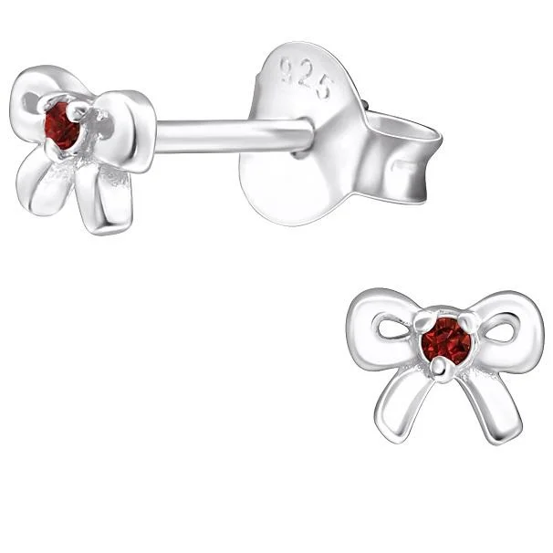 Stud Earrings with Debossed Designs -Children's Sterling Silver 'January Birthstone' Bow Stud Earrings